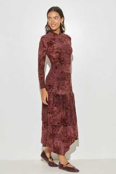 חצאית הדפס קטיפה BURGUNDY