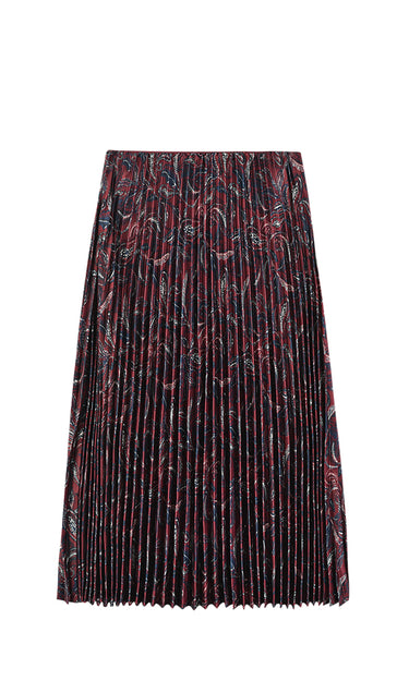 חצאית אקורדיון סאטן מודפס BURGUNDY