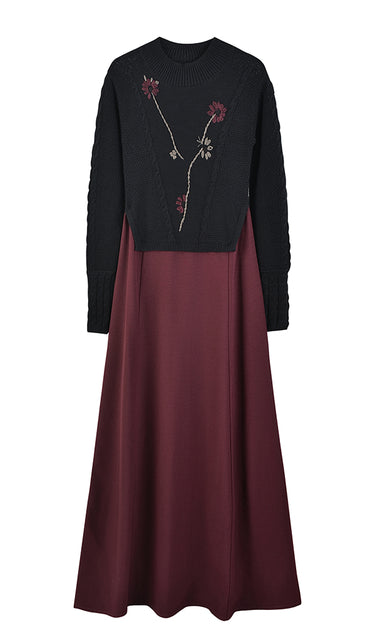 שמלת סאטן עם סריג ורקמה WINE