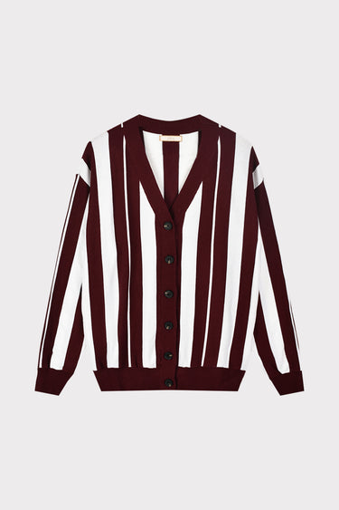 קרדיגן V סריג פסים BURGUNDY&WHITE