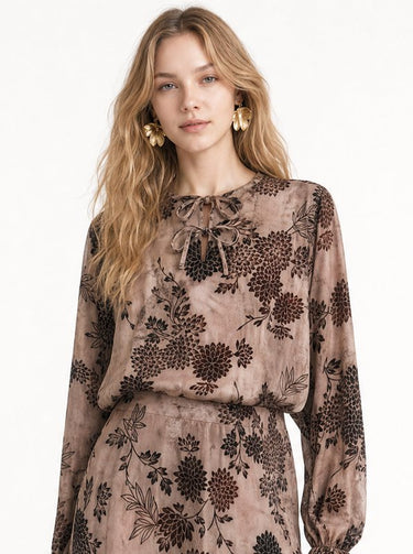 חולצת משי קטיפה עם קשירה BROWN