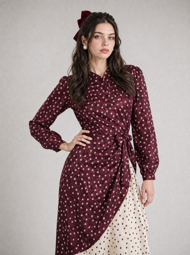שמלת פרינט אלגנטית BURGUNDY