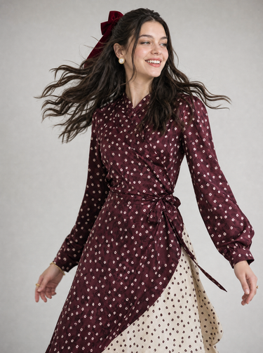 שמלת פרינט אלגנטית BURGUNDY