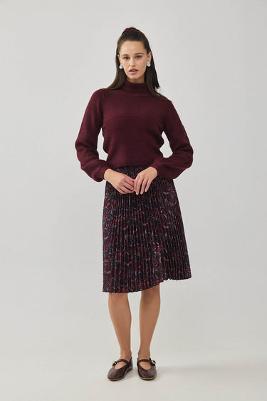 חצאית אקורדיון סאטן מודפס BURGUNDY